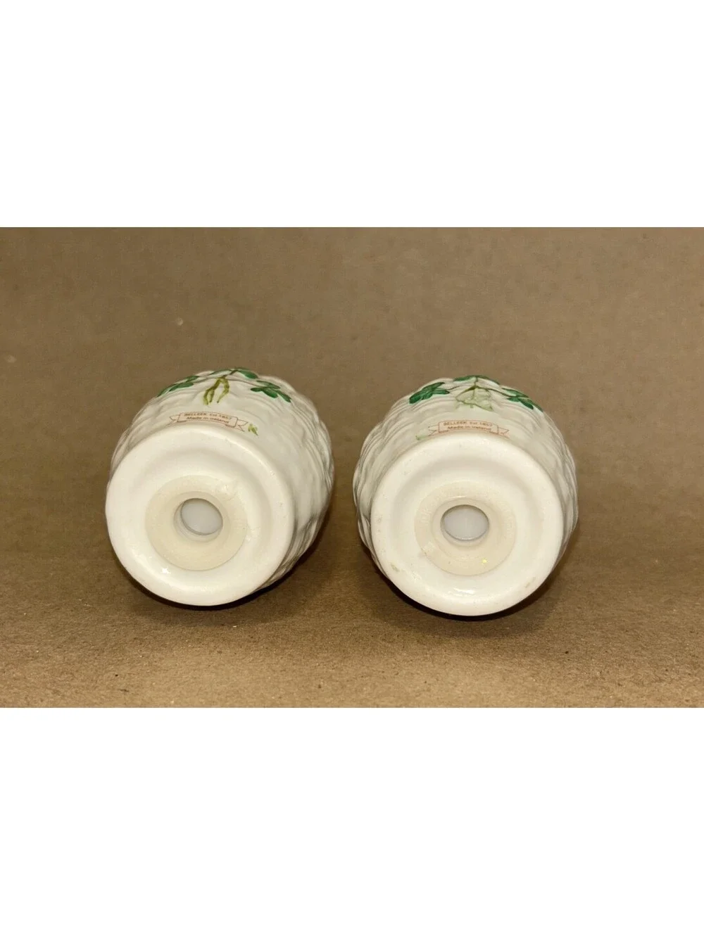 Belleek Ireland Vintage Porcelain Hand Painted Shamrock Salt & Pepper Shakers